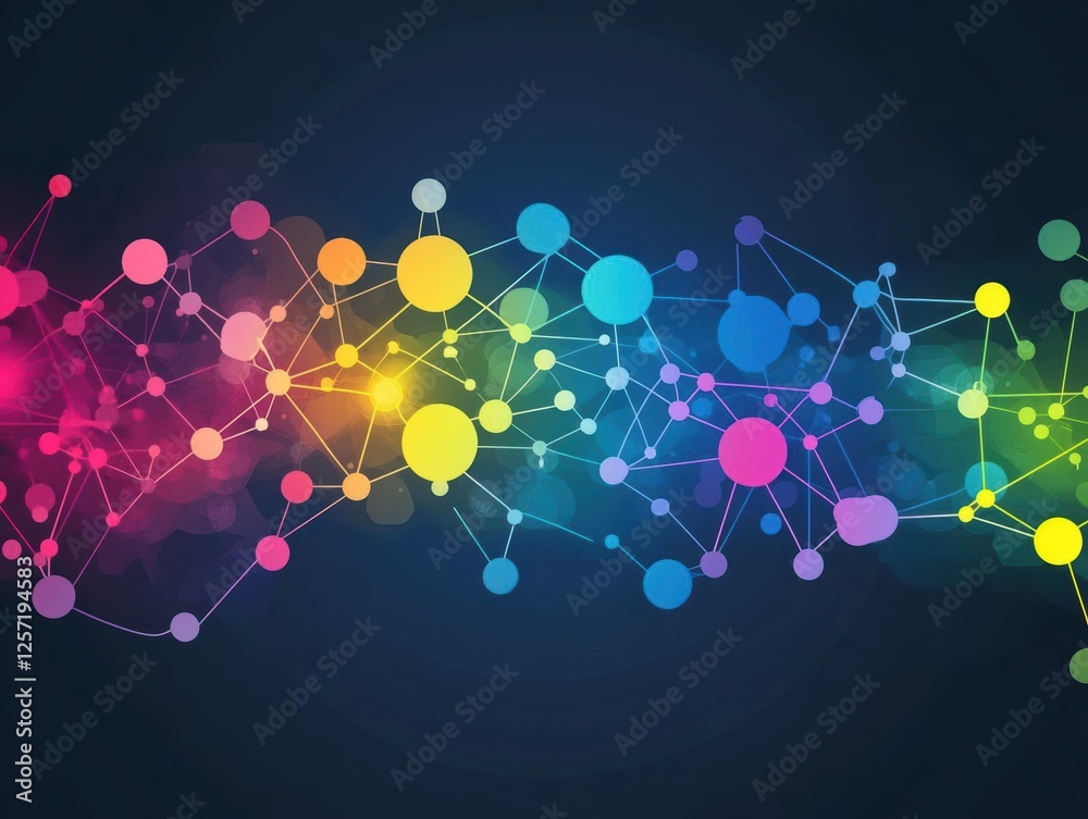 Poster colorful molecule structure with interconnected dots representing scientific research and molecular 