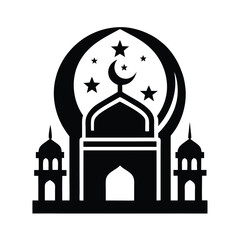 Mosque Icon: A simple yet powerful black and white silhouette of a mosque with minarets and a crescent moon, symbolizing faith, spirituality, and the architectural beauty of Islamic design