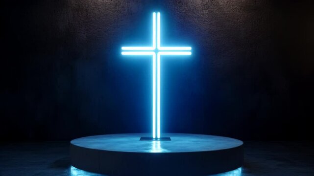 A neon blue cross is displayed on a circular platform, dark background, religious and faith concept, for church, easter services, horizontal video