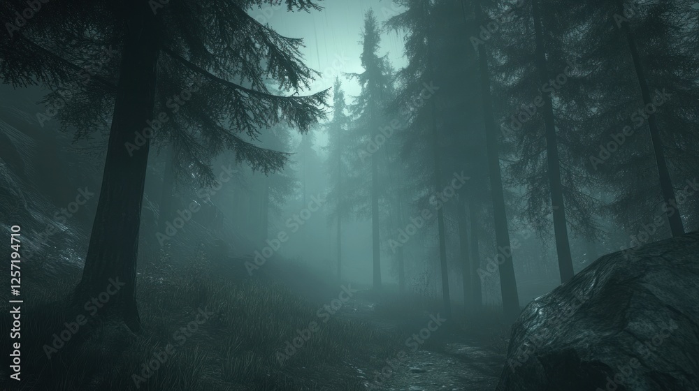 Poster mysterious dark forest covered in fog shows tall trees