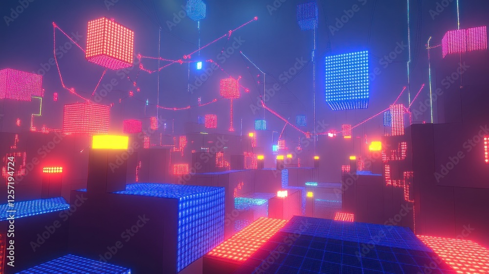 Aufkleber abstract cityscape is illuminated with neon lights and geometric shapes