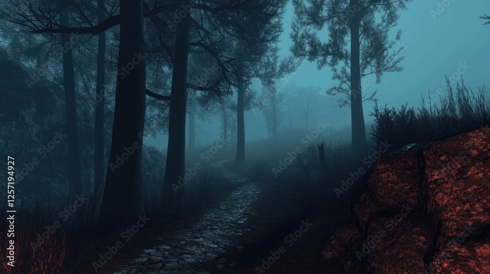 Poster a dark and foggy path through a dense forest
