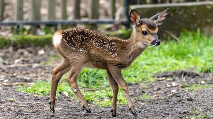 Spotted fawn walking across a muddy area attentively looking ahead