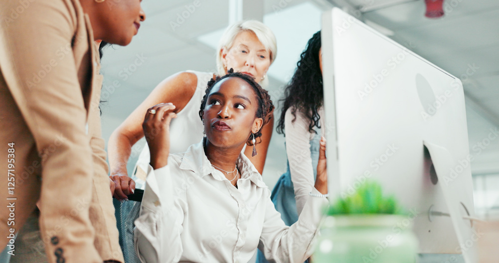Aufkleber computer, idea or explain with business woman and team in office together for strategic planning. co