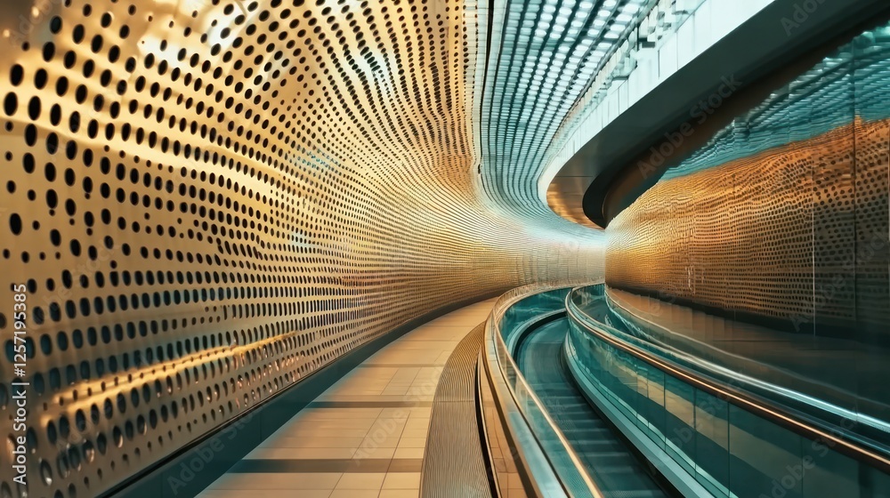 Poster Modern tunnel with perforated walls and moving walkways exists