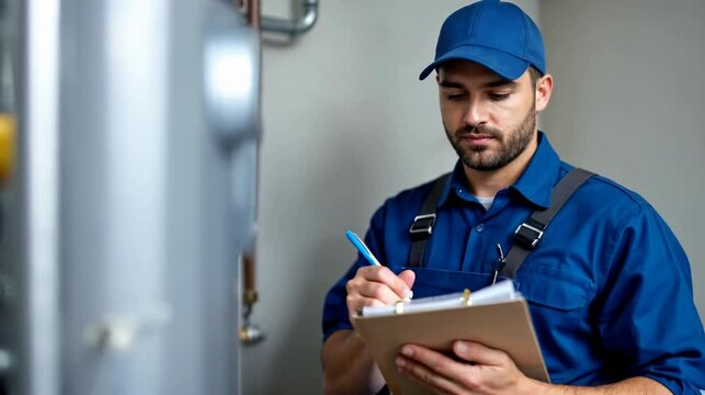 Caucasian man in blue uniform checking water system, horizontal video, suitable for plumbing services, maintenance companies, home repair businesses, professional services and technical support 