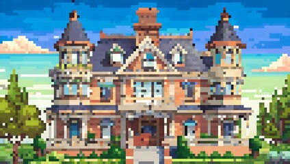 Obraz premium A grand Victorian mansion exterior pixel art background. 8-bit game assets