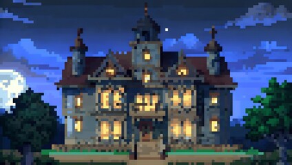 Naklejka premium A grand Victorian mansion exterior at night pixel art background. 8-bit game assets