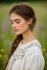 Fototapeta premium Young woman with a serene expression wearing embroidered white traditional attire standing in a lush green meadow, showcasing natural beauty and cultural elegance