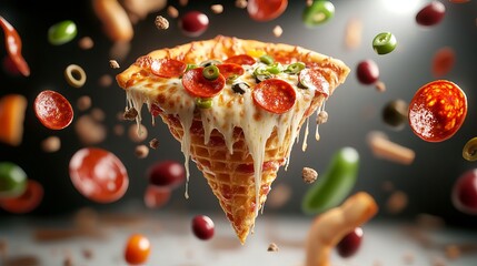 Delicious pizza slice with toppings floating in mid-air, showcasing vibrant colors.