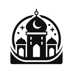Obraz premium Mosque Icon: A simple yet powerful black and white silhouette of a mosque with minarets and a crescent moon, symbolizing faith, spirituality, and the architectural beauty of Islamic design