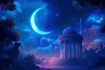 Naklejka premium Islamic Mosque Moon Silhouettes design of Ramadan Eid Background,Galaxy sky Night with generative ai