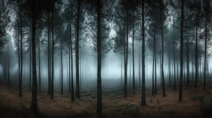 Fototapeta premium A forest background showcasing a dark pine forest shrouded in a thick fog