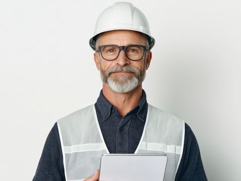 mature man wearing hard hat and safety vest holds clipboard, exuding confidence and professionalism. He appears to be engineer or construction worker, focused on his task