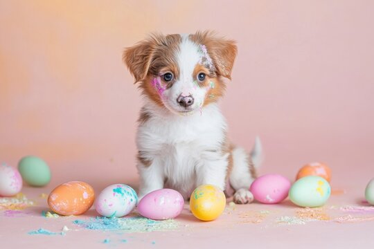 cute puppy in colorful paint with easter eggs on pink studio background 