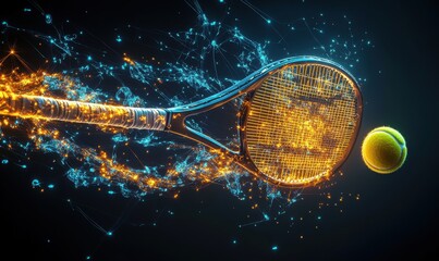 Tennis racket hitting ball, energy trails, dark background; sports, advertising