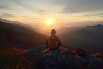 Person sitting on a rock at sunset, overlooking mountains and valleys