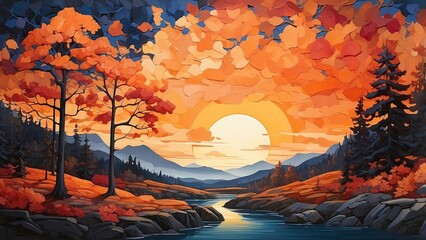 "Dynamic Artwork Showcasing a Forest Fire with Radiant Sunlight and Lush Foliage, Highlighting Nature’s Resilience"