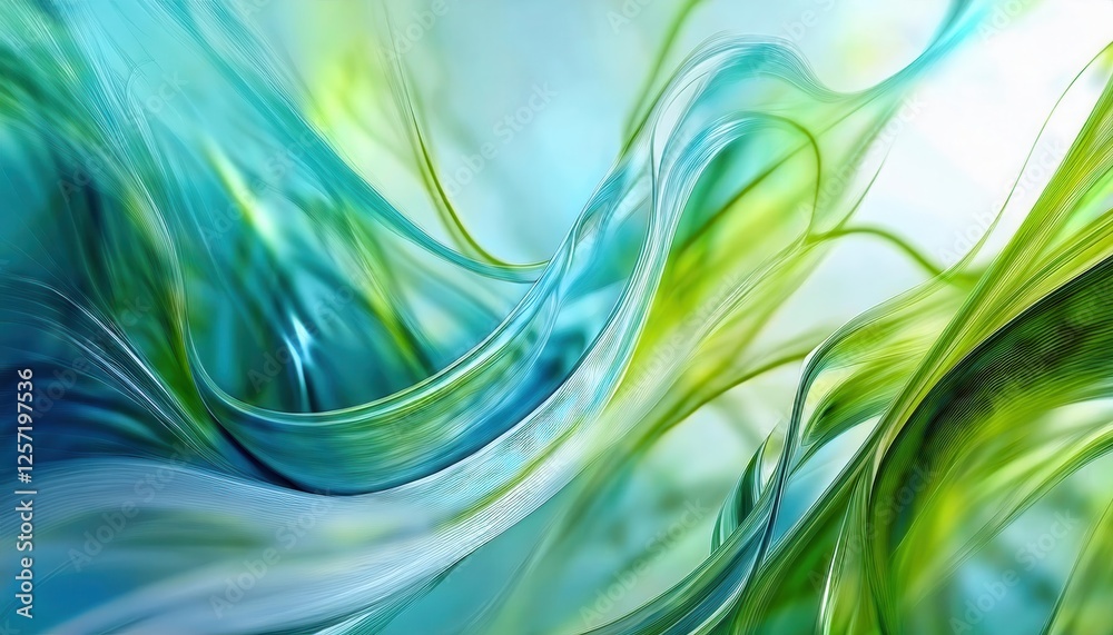 Poster ethereal abstract flow in blue and green hues with dynamic light textures, perfect for modern design