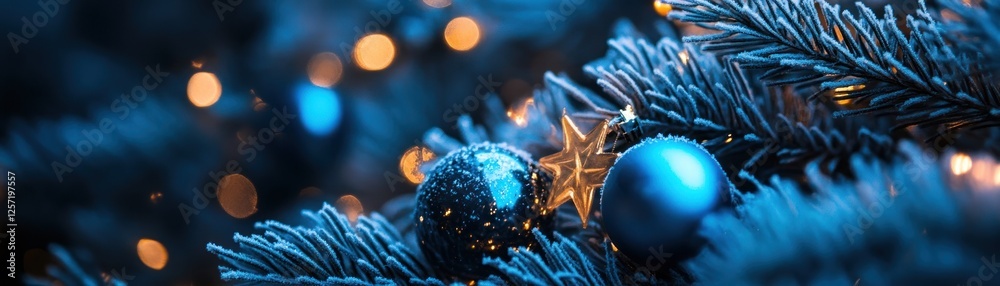 Poster close up of adorned christmas tree branch with lights and ornaments