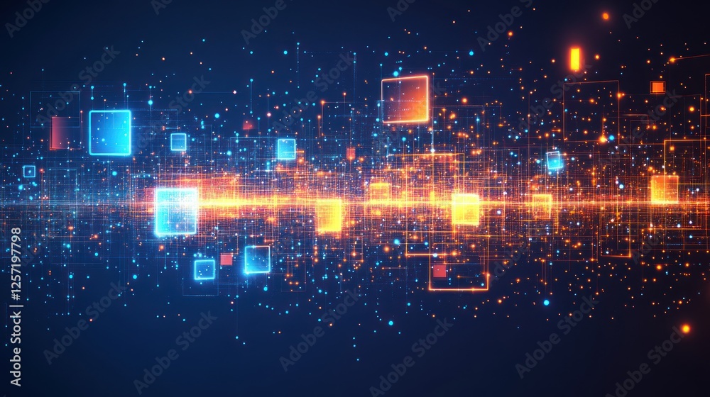 Poster Abstract rendering showcases interconnected glowing nodes and structured square elements