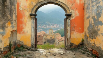 Obraz premium Ruined archway reveals Italian village, mountains