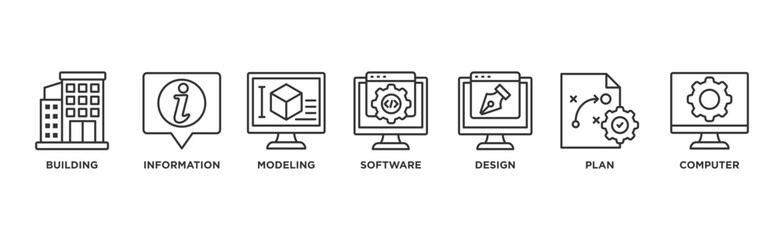 BIM banner web icon vector illustration concept for building information modeling with icon of building, information, modeling, software, design, plan, and computer	