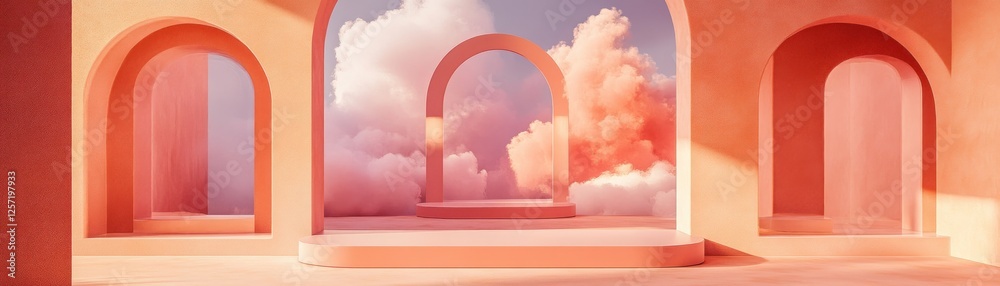 Aufkleber Peach architecture with clouds and arches creates a dreamlike scene