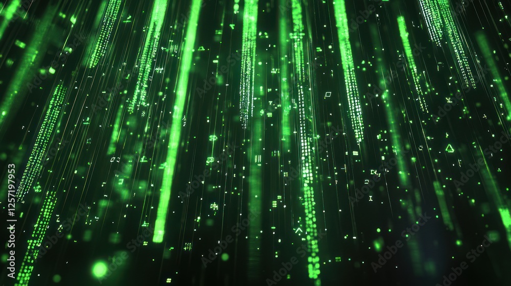 Poster Green digital rain with falling code and data streams