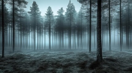 Naklejka premium A forest background showcasing a dark pine forest shrouded in a thick fog