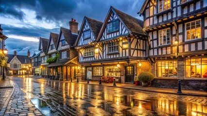 Historic Tudor Style Buildings with Reflections on Wet Streets