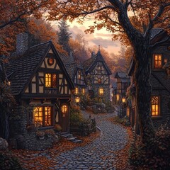 Autumnal village street at dusk, cozy homes, scenic background, ideal for fall themed designs