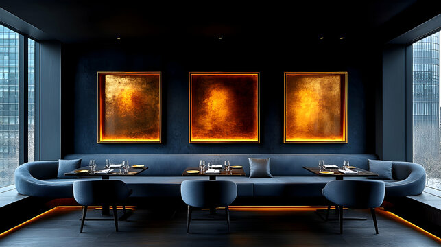 Photo: Luxurious Restaurant Interior Design, Dark Blue, Gold Accents, Modern - Powered by Adobe