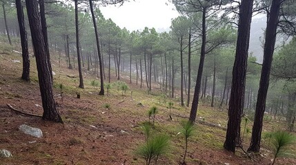 Obraz premium A dense pine forest stretches across a sloping hillside