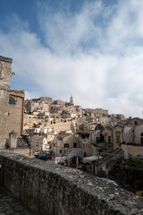 Exterior aerial architecture and design at 'MATERA' Italian ancient cave dwellings inhabited since the Paleolithic, UNESCO World Heritage Site- Italy