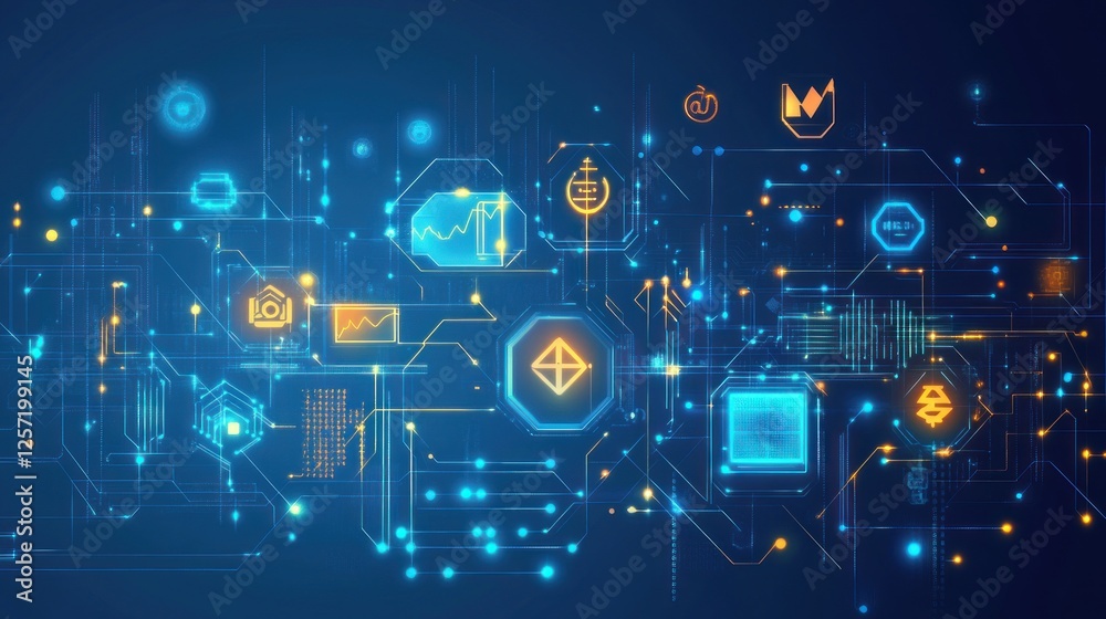 Poster Abstract technology background shows interconnected data nodes and networks