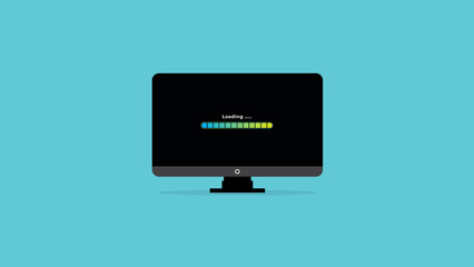 Loading bar neon blue on the monitor screen.