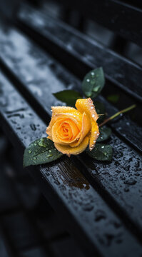 Serene image of a single yellow rose delicately placed on a wet piano bench, capturing the essence of tranquility and elegance on a rainy day