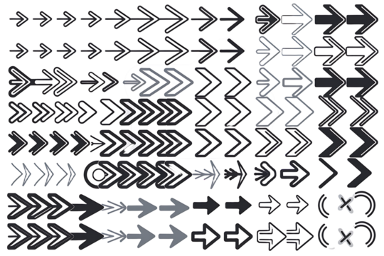 Diverse Arrow Set PNG – Straight, Curved, Dashed, Looped & Zigzag Arrows for UI & Infographics 