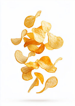 Crispy golden potato chips falling against a white background, showcasing their delicious texture and inviting appearance, perfect for snack advertisements or culinary presentations.