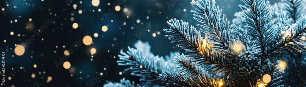 Poster Frozen christmas tree branch with bokeh lights in background