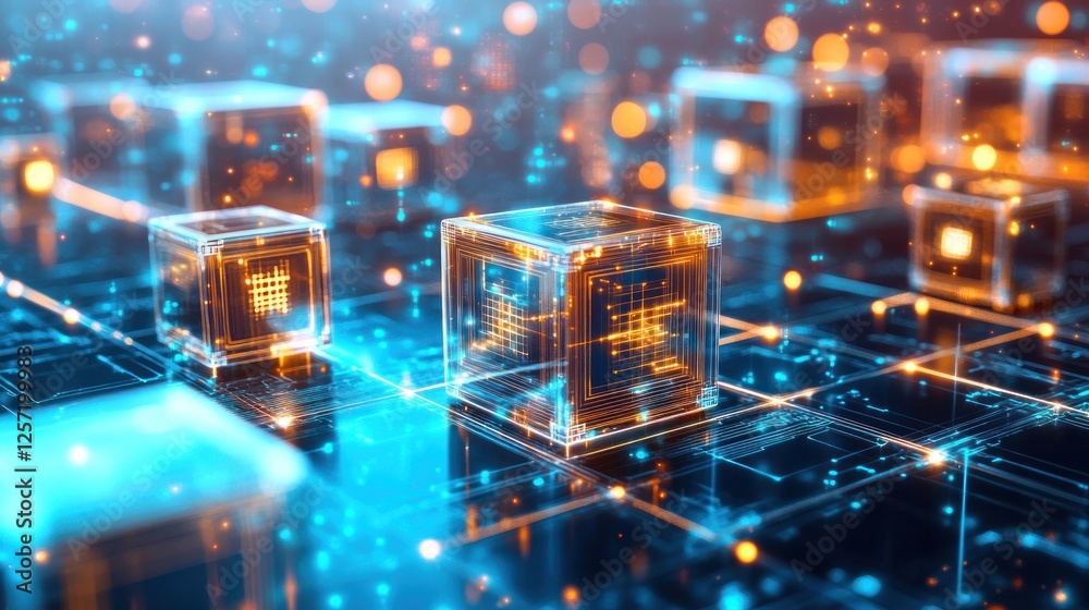 Poster Abstract network of luminous cubes floating above circuit board