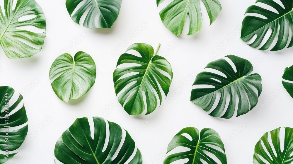 Poster monstera leaves arranged against a white background in a pattern