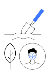 Shovel digging soil, minimal leaf outline, human face with geometric recognition overlay. Ideal for AI, environment, agriculture, sustainability, technology nature ecology. Abstract line flat
