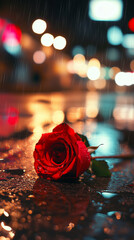 Red rose lying on a wet city street at night with bokeh lights in the background, creating a romantic and melancholic urban scene