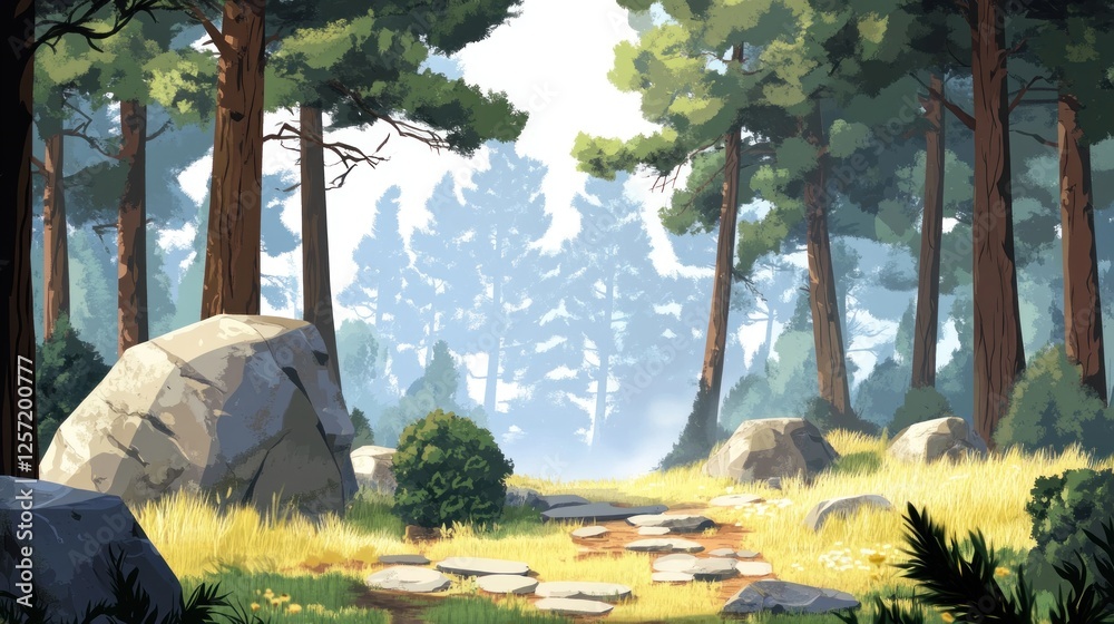 Poster a serene forest scene showcasing a path through tall trees