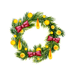 Coniferous Christmas festive wreath decorated with garland and bows. Winter watercolor illustration drawn by hand. Isolated on background. For decor, design, packaging, postcards, souvenirs, printing