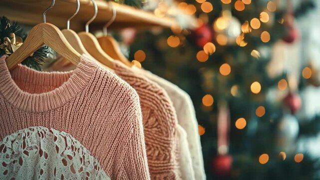 Cozy sweaters hanging with festive bokeh lights in the background.