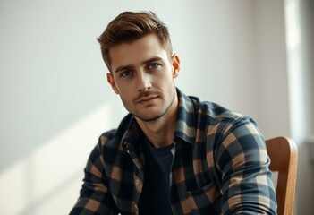 Fototapeta premium Photorealistic portrait of a 30-year-old male in a flannel shirt