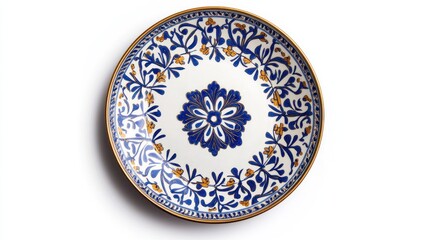 Fototapeta premium Ornate White Porcelain Plate, Top View, Decorative Floral Design